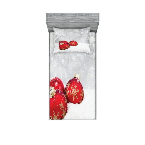 Ambesonne Christmas Fitted Sheet & Pillow Sham Set, Baubles on Snowflake, Twin, Red White