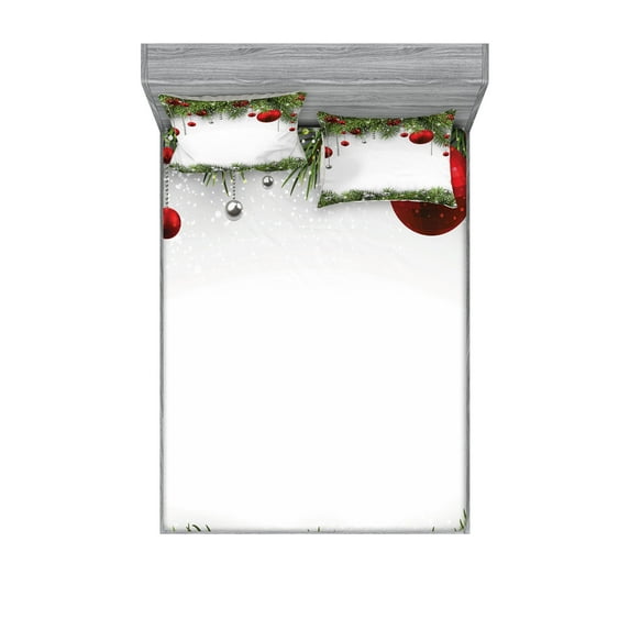 Ambesonne Christmas Fitted Sheet & Pillow Sham Set, Baulbes Noel Tree, Queen, Multicolor