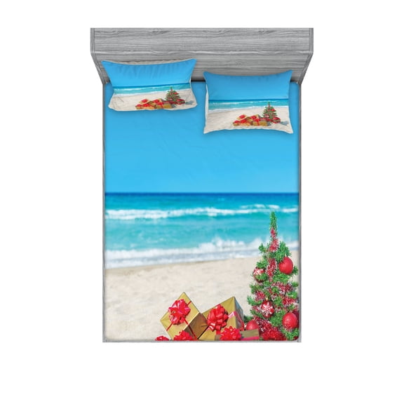 Ambesonne Christmas Fitted Sheet & Pillow Sham Set, Beach Sea Summer Calm, Queen, Multicolor