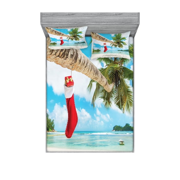 Ambesonne Christmas Fitted Sheet & Pillow Sham Set, Beach Xmas Stockings, Queen, Multicolor
