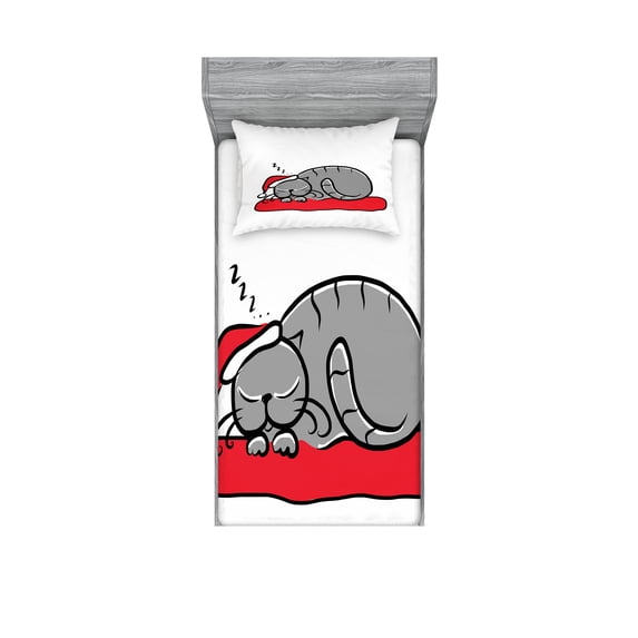 Ambesonne Christmas Fitted Sheet & Pillow Sham Set, Cat with Santa Hat, Twinxl, White Red Grey