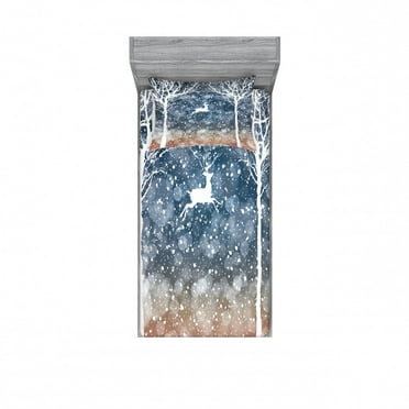 Ambesonne Christmas Fitted Sheet & Pillow Sham Set, Flying Deer Ombre Snow, Twin, Blue and White