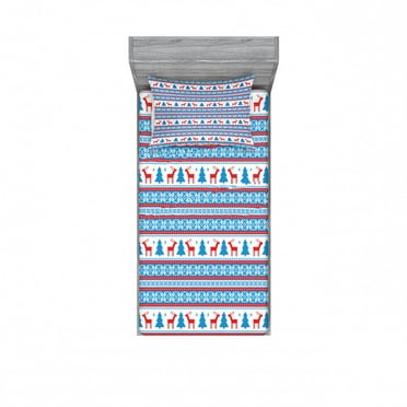 Ambesonne Christmas Fitted Sheet & Pillow Sham Set, Folk Knit Style Art, Twin, Red Blue