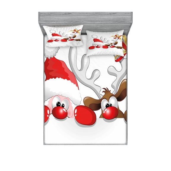 Ambesonne Christmas Fitted Sheet & Pillow Sham Set, Funny Santa Reindeer, Full, Vermilion Caramel White