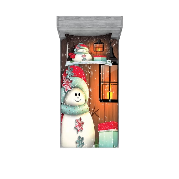 Ambesonne Christmas Fitted Sheet & Pillow Sham Set, Garden with Gift Box, Twinxl, White Brown