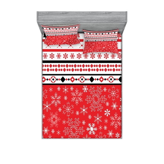 Ambesonne Christmas Fitted Sheet & Pillow Sham Set, Geometric Snowflakes, Queen, Red White