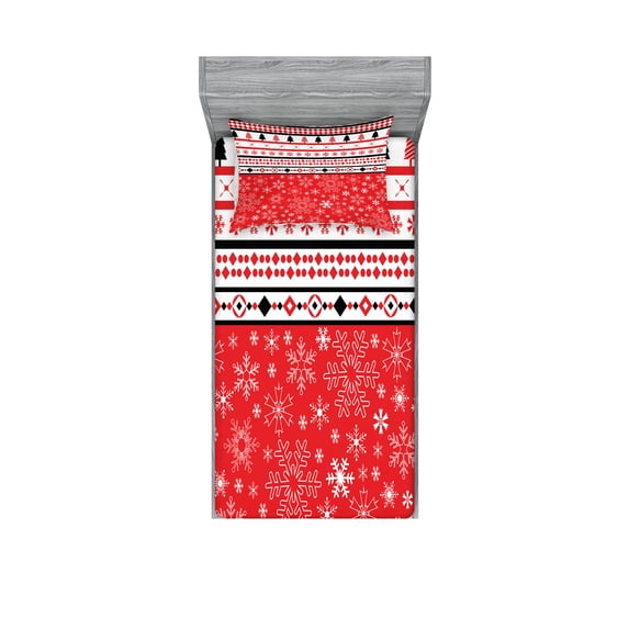 Ambesonne Christmas Fitted Sheet & Pillow Sham Set, Geometric Snowflakes, Twinxl, Red White