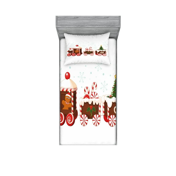 Ambesonne Christmas Fitted Sheet & Pillow Sham Set, Gingerbread Train, Twinxl, White Brown Vermilion