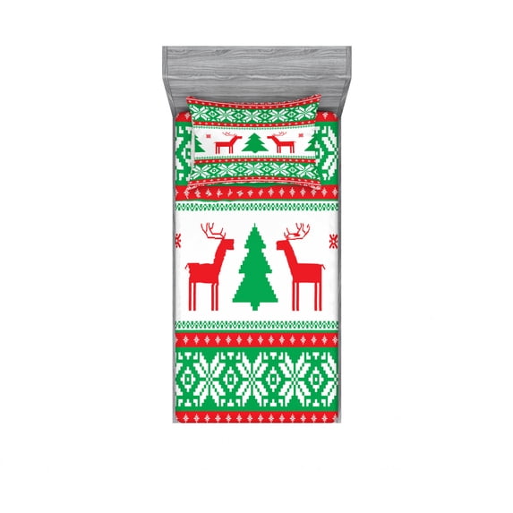 Ambesonne Christmas Fitted Sheet & Pillow Sham Set, Holiday Season Deer, Twinxl, Red Green White
