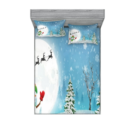 Ambesonne Christmas Fitted Sheet & Pillow Sham Set, Jolly Snowman Santa, Queen, White Blue