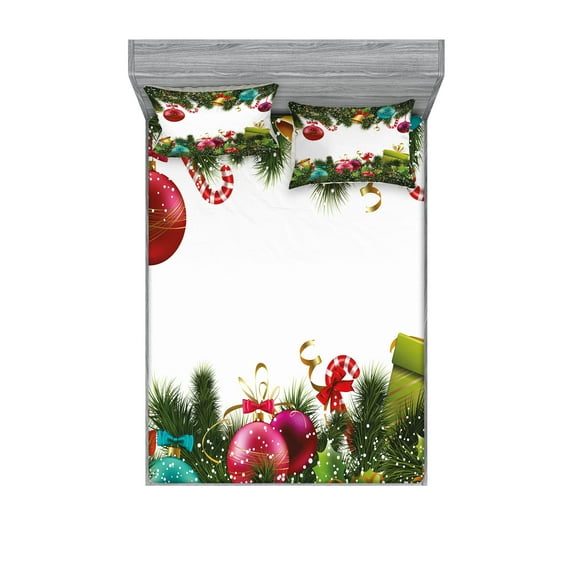 Ambesonne Christmas Fitted Sheet & Pillow Sham Set, New Year Greeting, King, Multicolor