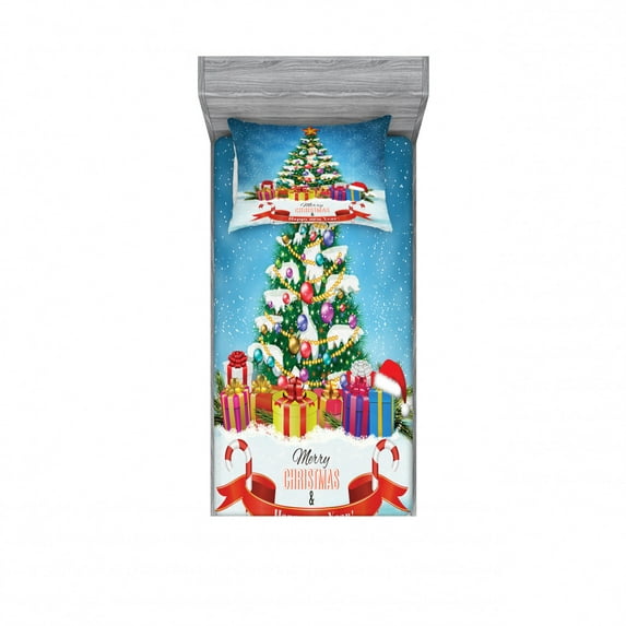 Ambesonne Christmas Fitted Sheet & Pillow Sham Set, New Year Theme Boxes, Twinxl, Multicolor