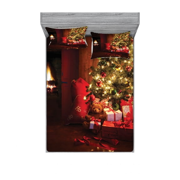 Ambesonne Christmas Fitted Sheet & Pillow Sham Set, New Year Xmas Trees, Full, Red Yellow