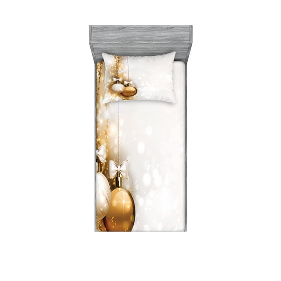 Ambesonne Christmas Fitted Sheet & Pillow Sham Set, New Years Ribbon, Twin, White and Beige