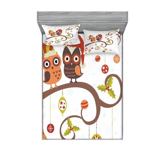 Ambesonne Christmas Fitted Sheet & Pillow Sham Set, Noel Owls Folkloric, Queen, Multicolor