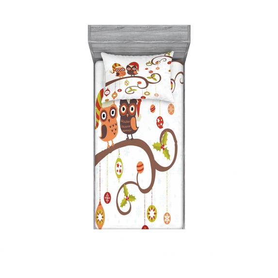 Ambesonne Christmas Fitted Sheet & Pillow Sham Set, Noel Owls Folkloric, Twinxl, Multicolor