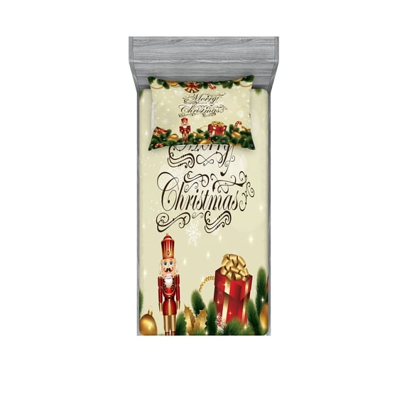 Ambesonne Christmas Fitted Sheet & Pillow Sham Set, Noel Ribbons, Twinxl, Multicolor