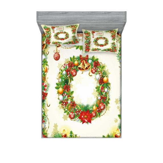 Ambesonne Christmas Fitted Sheet & Pillow Sham Set, Nostalgic Celebration, King, Multicolor