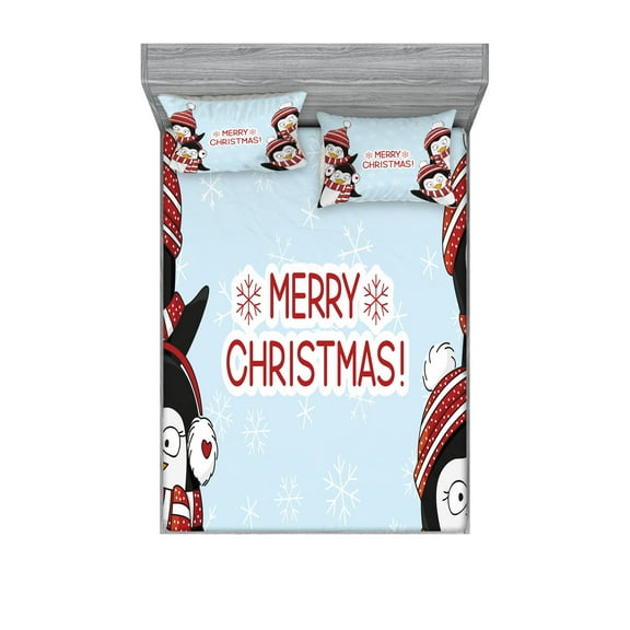 Ambesonne Christmas Fitted Sheet & Pillow Sham Set, Penguins, Full, Blue Red