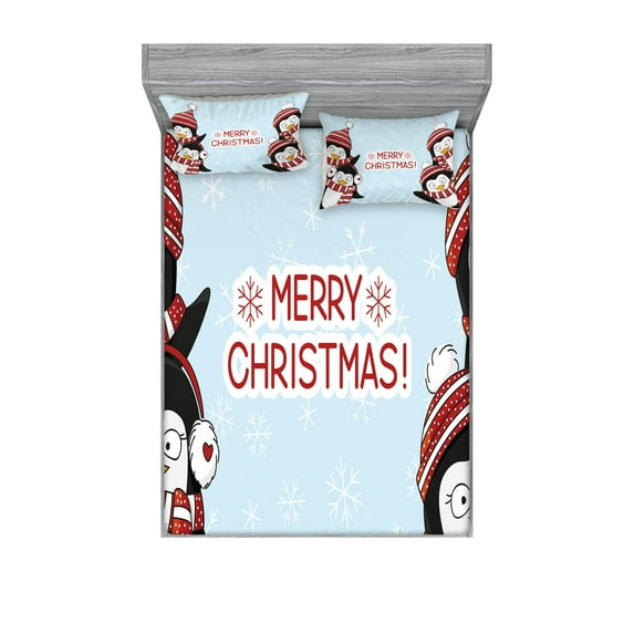 Ambesonne Christmas Fitted Sheet & Pillow Sham Set, Penguins, Queen, Blue Red