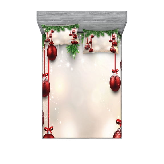 Ambesonne Christmas Fitted Sheet & Pillow Sham Set, Red Balls Ribbons, Queen, Green and Red