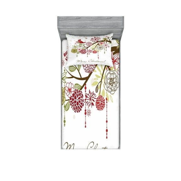 Ambesonne Christmas Fitted Sheet & Pillow Sham Set, Red Bird Floral Tree, Twin, Green White