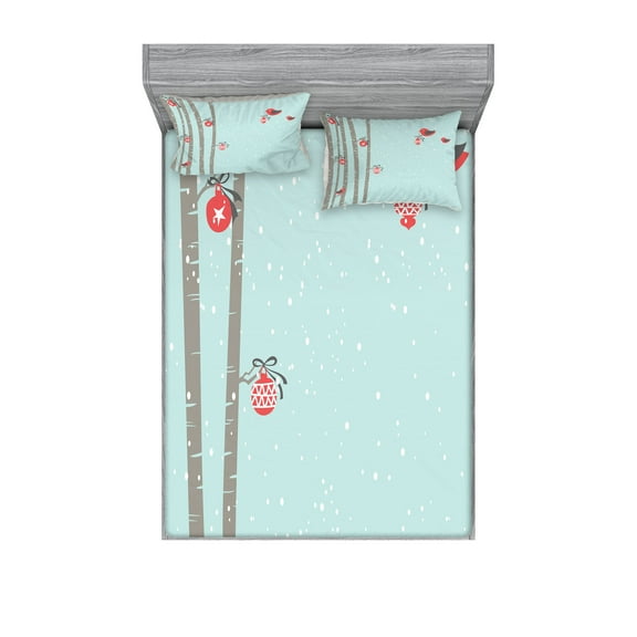 Ambesonne Christmas Fitted Sheet & Pillow Sham Set, Red Bird Winter, Queen, Seafoam Coral