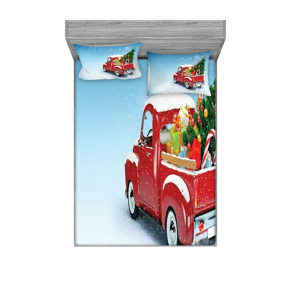 Ambesonne Christmas Fitted Sheet & Pillow Sham Set, Red Truck Xmas Tree, Queen, Blue Red