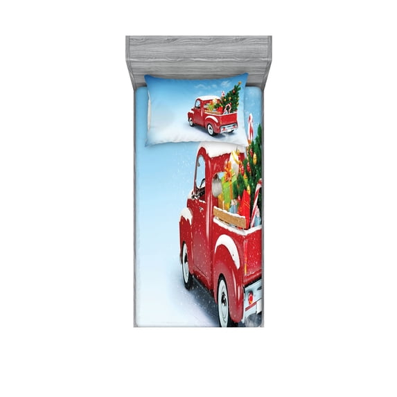 Ambesonne Christmas Fitted Sheet & Pillow Sham Set, Red Truck Xmas Tree, Twinxl, Blue Red