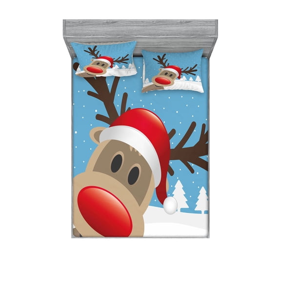Ambesonne Christmas Fitted Sheet & Pillow Sham Set, Reindeer Rudolph Hat, Queen, Pale Blue Red Pale Brown