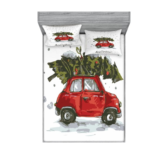 Ambesonne Christmas Fitted Sheet & Pillow Sham Set, Retro Car with Tree, Queen, Green Vermilion