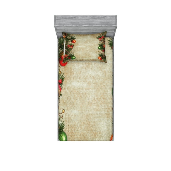 Ambesonne Christmas Fitted Sheet & Pillow Sham Set, Retro Frame Old Days, Twinxl, Multicolor
