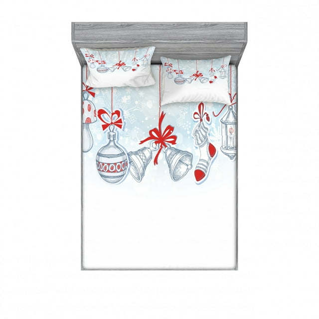 Ambesonne Christmas Fitted Sheet & Pillow Sham Set, Retro, Full, White Orange and Blue