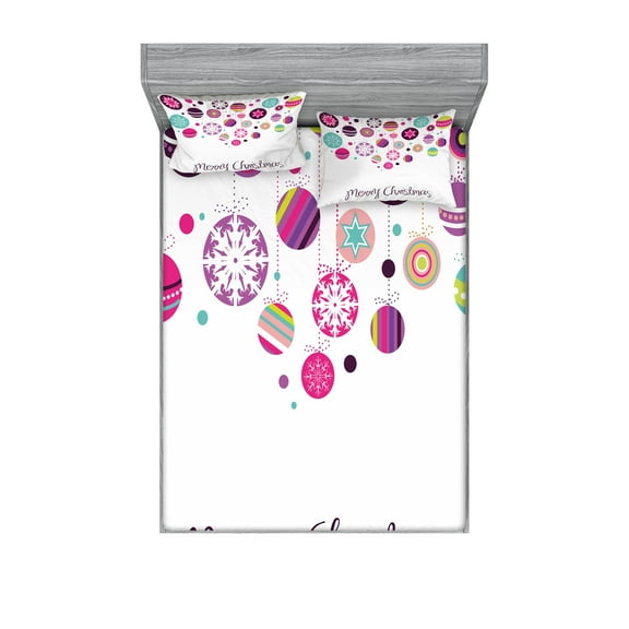 Ambesonne Christmas Fitted Sheet & Pillow Sham Set, Retro Graphic Baubles, King, Multicolor