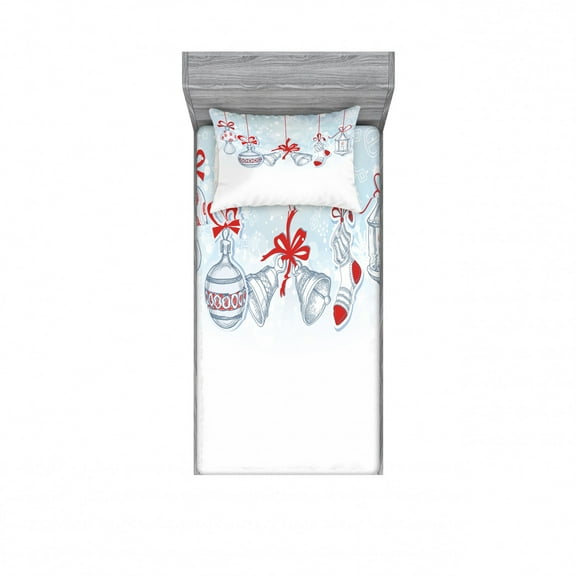 Ambesonne Christmas Fitted Sheet & Pillow Sham Set, Retro, Twin, White Orange and Blue