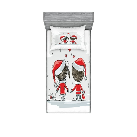 Ambesonne Christmas Fitted Sheet & Pillow Sham Set, Santa Costumes, Twinxl, Red White