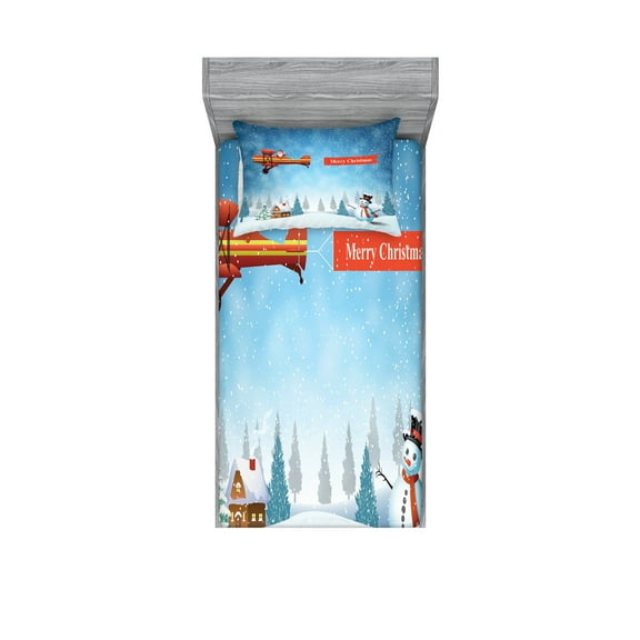 Ambesonne Christmas Fitted Sheet & Pillow Sham Set, Santa Plane Snowman, Twinxl, Blue Orange