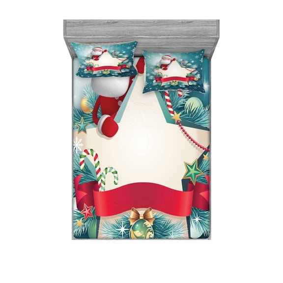 Ambesonne Christmas Fitted Sheet & Pillow Sham Set, Santa Star Snowflake, Full, Red White