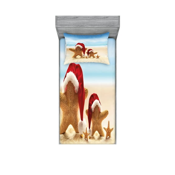 Ambesonne Christmas Fitted Sheet & Pillow Sham Set, Santa Starfishes, Twin, Grey and White