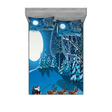 Ambesonne Christmas Fitted Sheet & Pillow Sham Set, Santa Winter Forest, Queen, Navy Blue