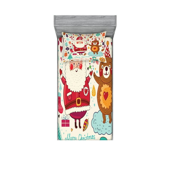 Ambesonne Christmas Fitted Sheet & Pillow Sham Set, Santa and Teddy Bear, Twinxl, Multicolor