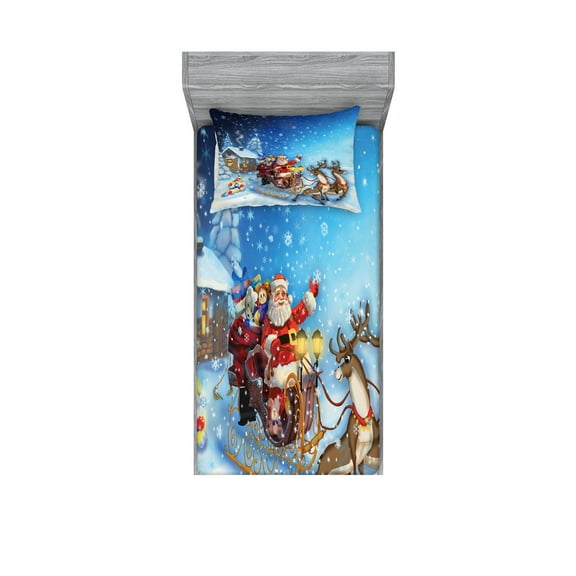 Ambesonne Christmas Fitted Sheet & Pillow Sham Set, Santa in Sleigh, Twin, Navy Blue