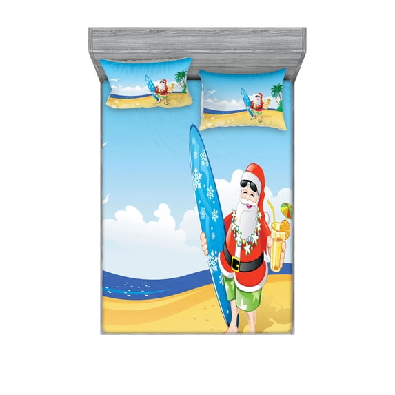Ambesonne Christmas Fitted Sheet & Pillow Sham Set, Santa on Beach Surf, Full, Blue Yellow