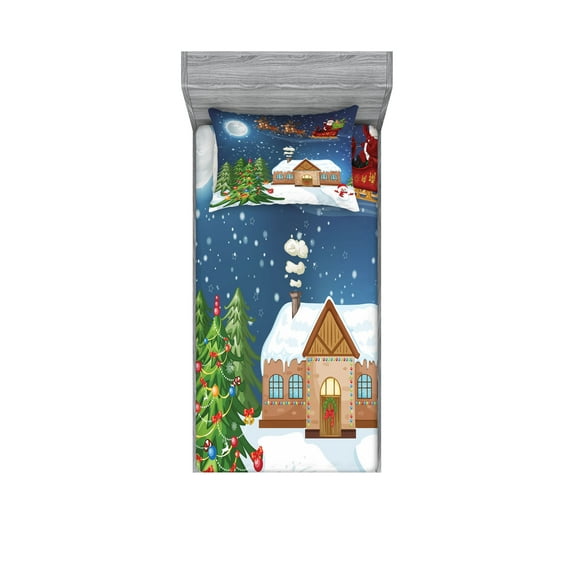 Ambesonne Christmas Fitted Sheet & Pillow Sham Set, Santa with Rudolf, Twinxl, Multicolor