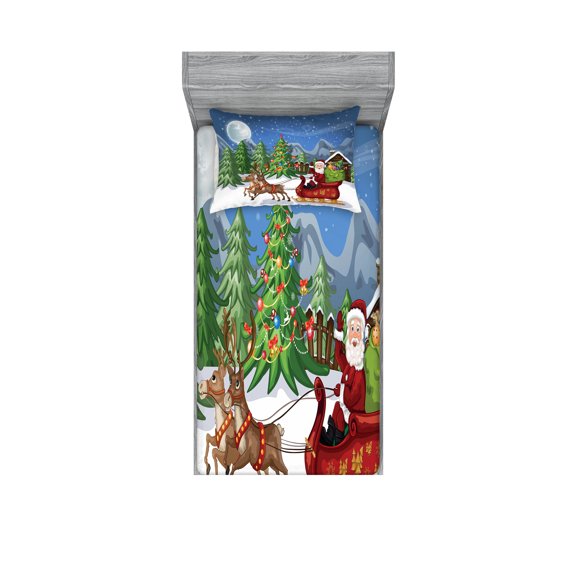 Ambesonne Christmas Fitted Sheet & Pillow Sham Set, Snowdrift Reindeers, Twinxl, Multicolor
