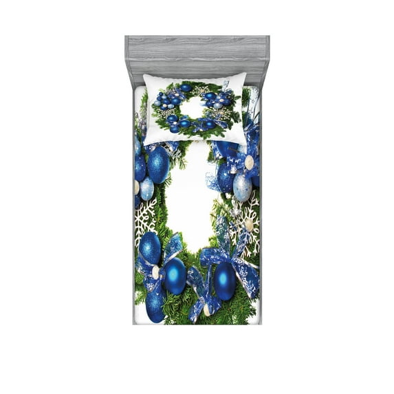 Ambesonne Christmas Fitted Sheet & Pillow Sham Set, Snowflakes Wreath Ornate, Twin, Green Blue