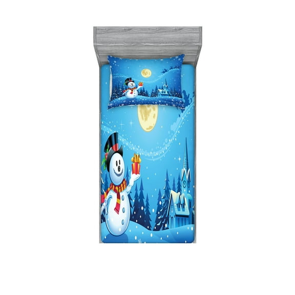 Ambesonne Christmas Fitted Sheet & Pillow Sham Set, Snowman Sanra Gift, Twinxl, Blue Yellow