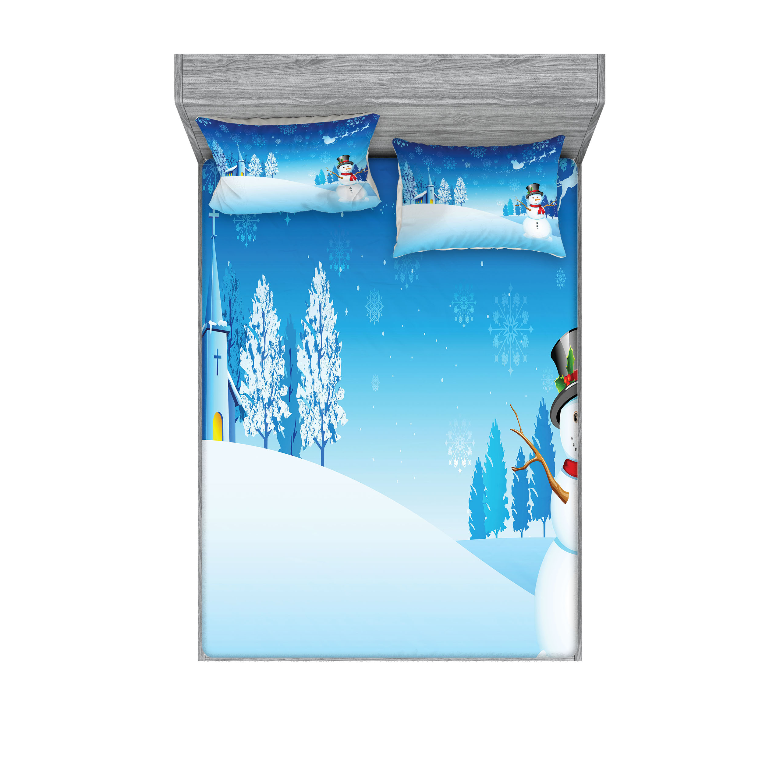 Ambesonne Christmas Fitted Sheet & Pillow Sham Set, Snowman Winter ...
