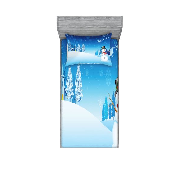 Ambesonne Christmas Fitted Sheet & Pillow Sham Set, Snowman Winter Stars, Twin, Blue White