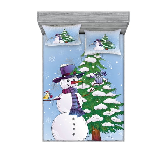 Ambesonne Christmas Fitted Sheet & Pillow Sham Set, Snowman and Tree, Queen, Blue Green